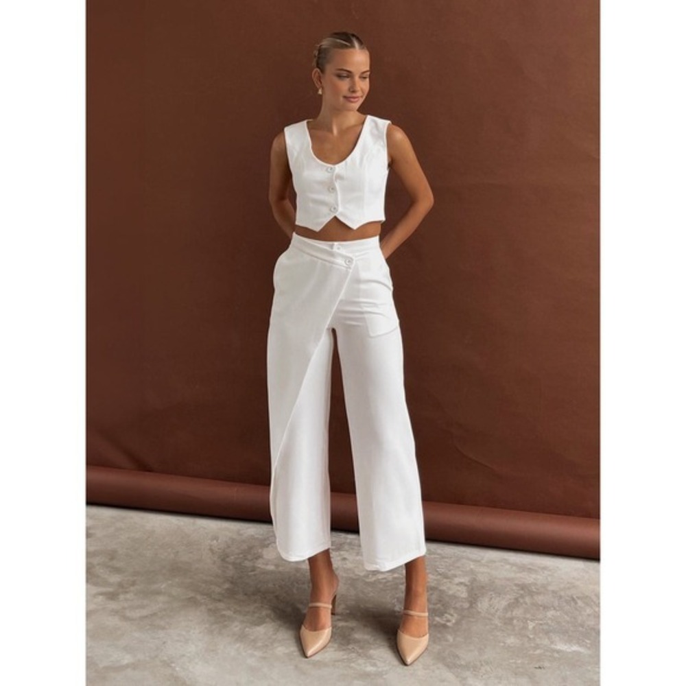 Commense White Vest Top & Straight Leg Pants Set, Sleeveless Crop, size M